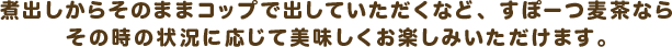 煮出しからそのままコップで出していただくなどすぽーつ麦茶ならその時の状況に応じて美味しくお楽しみいただけます。